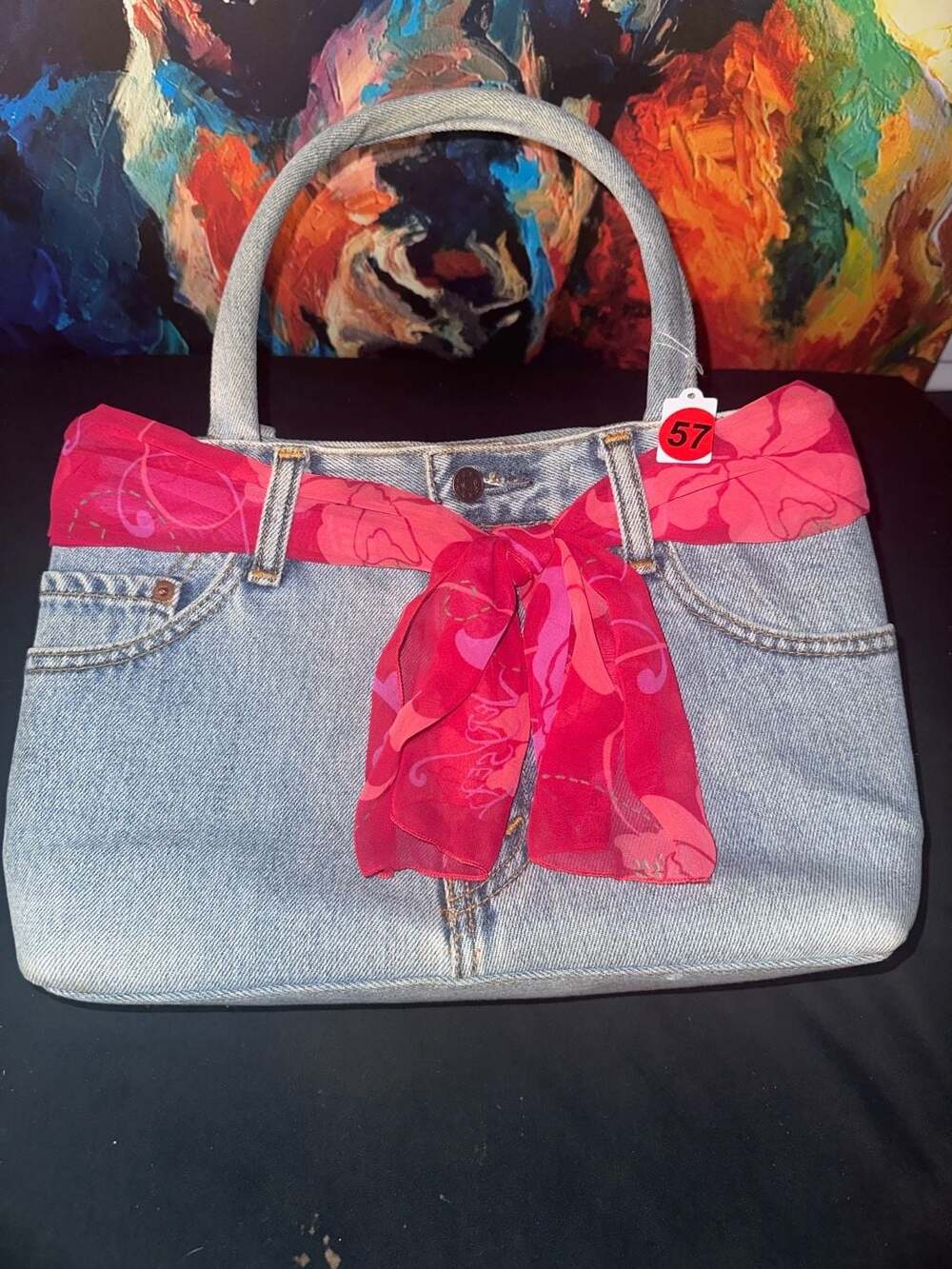 No.57 Upcycled Denim Jeans Tote Bag Purse with Red Floral Scarf Tie